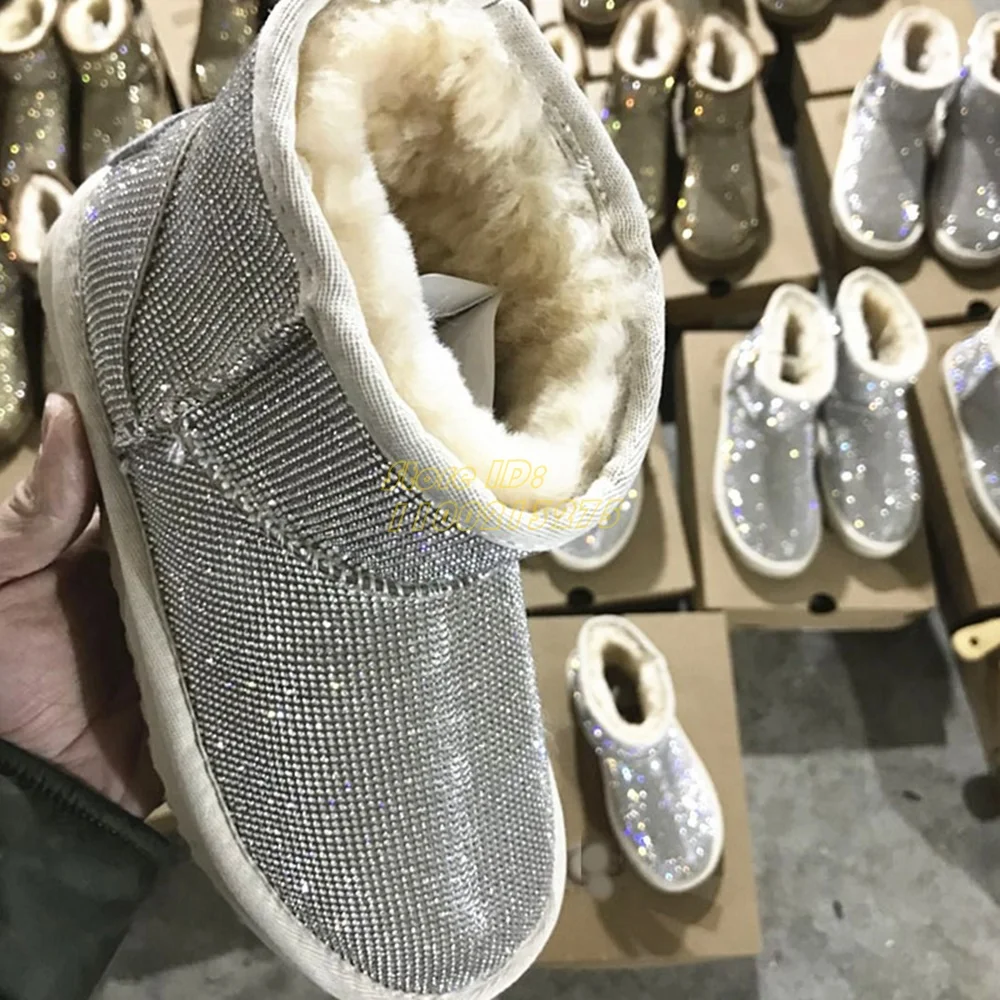 Crystal Snow Boots Round Toe Fur Lining Silver Gold Ankle Fashion 2024 Winter Bling Bling Women Shoes Flat