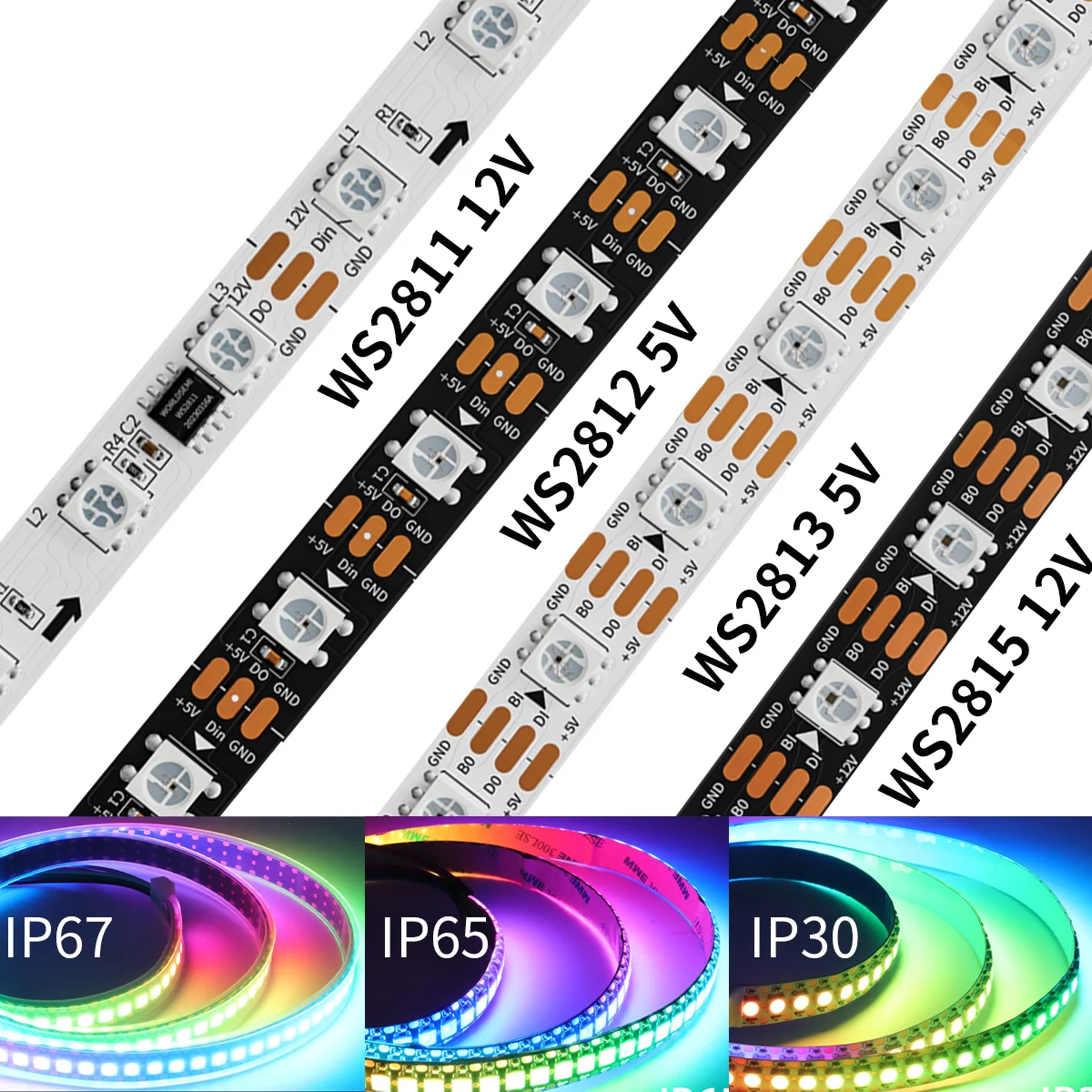 

WS2812 WS2815 WS2811 WS2813 Addressable LED strip 30/60/74//96/144leds/m Smart lighting lamp RGB Color changing Programmable led