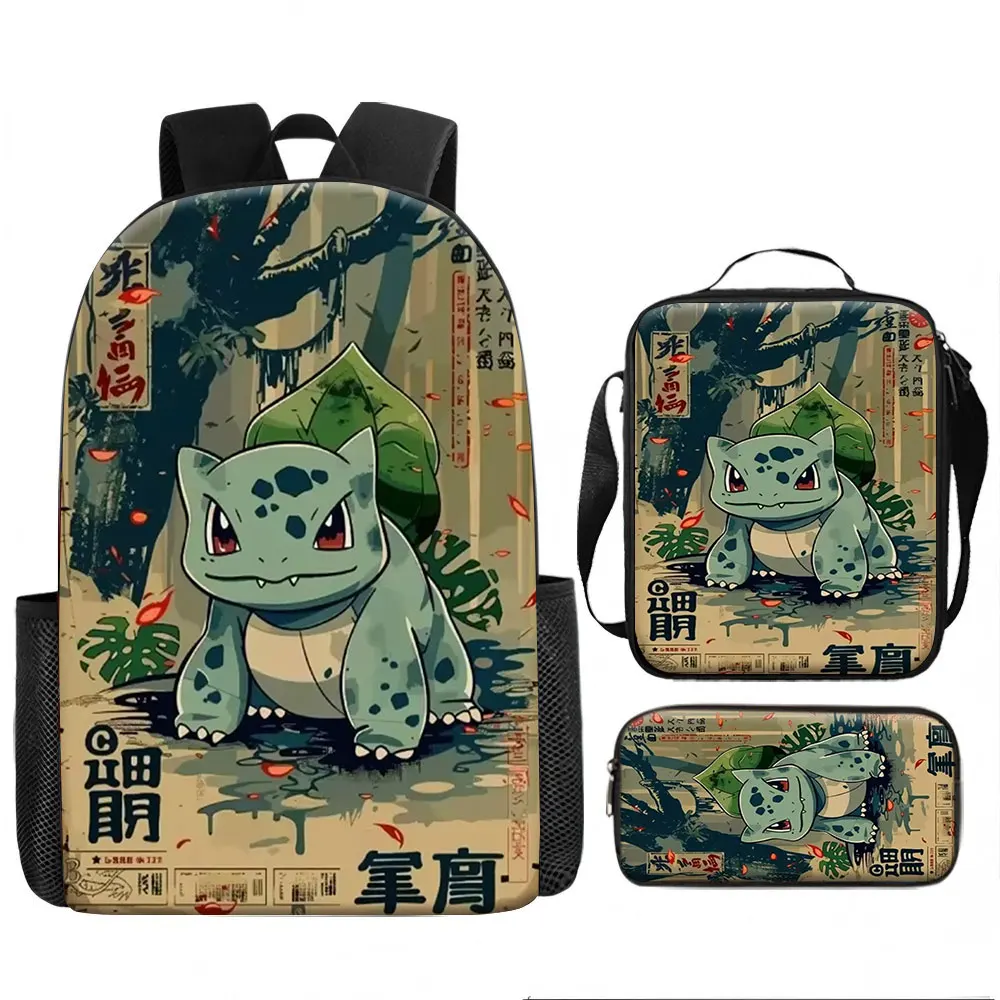 Kids Bag, Pokemon Anime, 3pcs Backpack Set Bulbasaur Cute Smiling Rainforest Jungle Vintage Japanese Ukiyo-e Style Print Wate