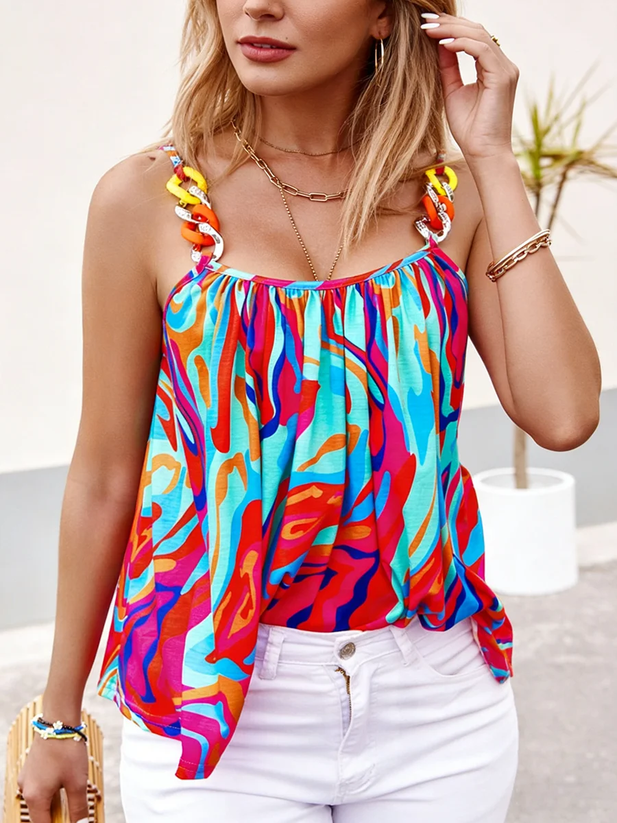 Damen-Tanktop für Frühling und Sommer, bunter abstrakter Druck, Perlenriemen, asymmetrischer Saum, Valentinstag, lässiges Urlaubstop