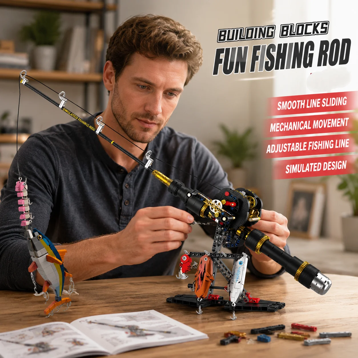Fishing Rod MOC Building Blocks Technology Machinery Series Assembly Simulation Model Multi Shaped Fishing Bait Creative Gifts