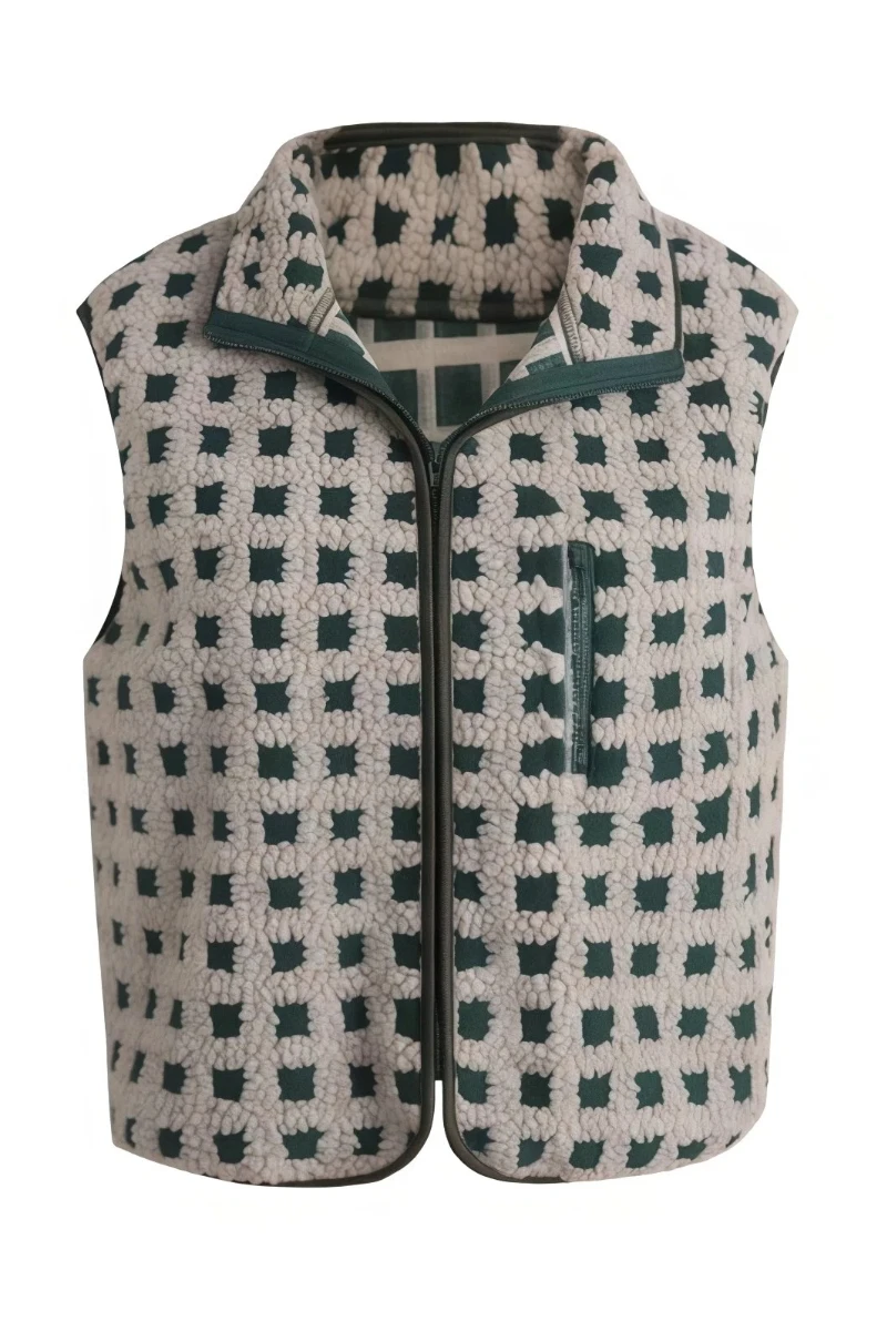 Women's Plaid Gilet Fluffy Vest Vintage Sleeveless Stand Collar Checkered Zip Up Short Body Warmer Autumn New Fall Y2K Outwear