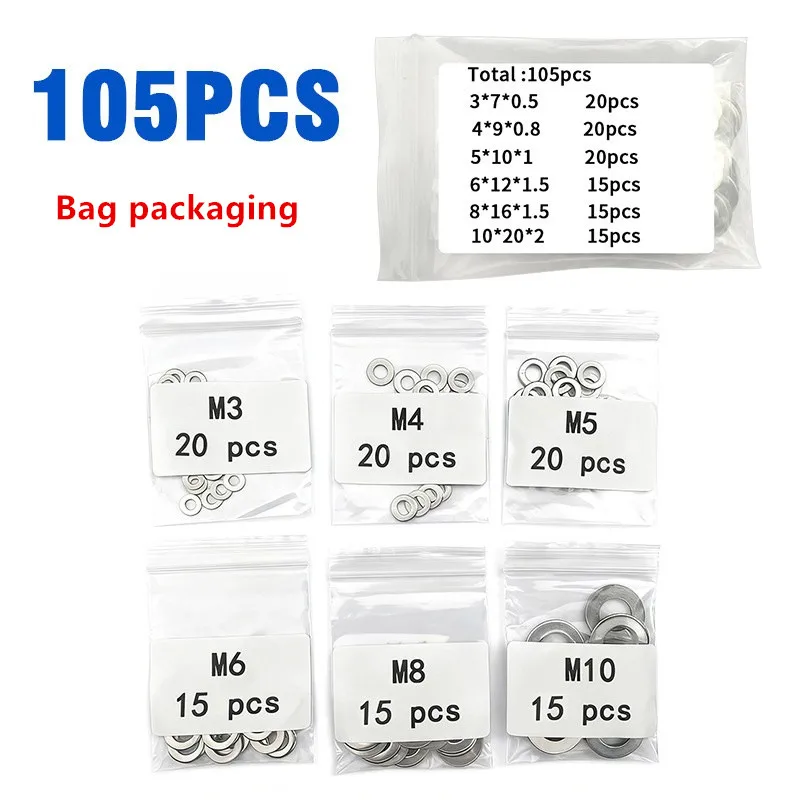 50Set Stainless Steel Flat Washers Set Assortment Metal Washers Sealing Plain Spacer Shim Hardware Tool