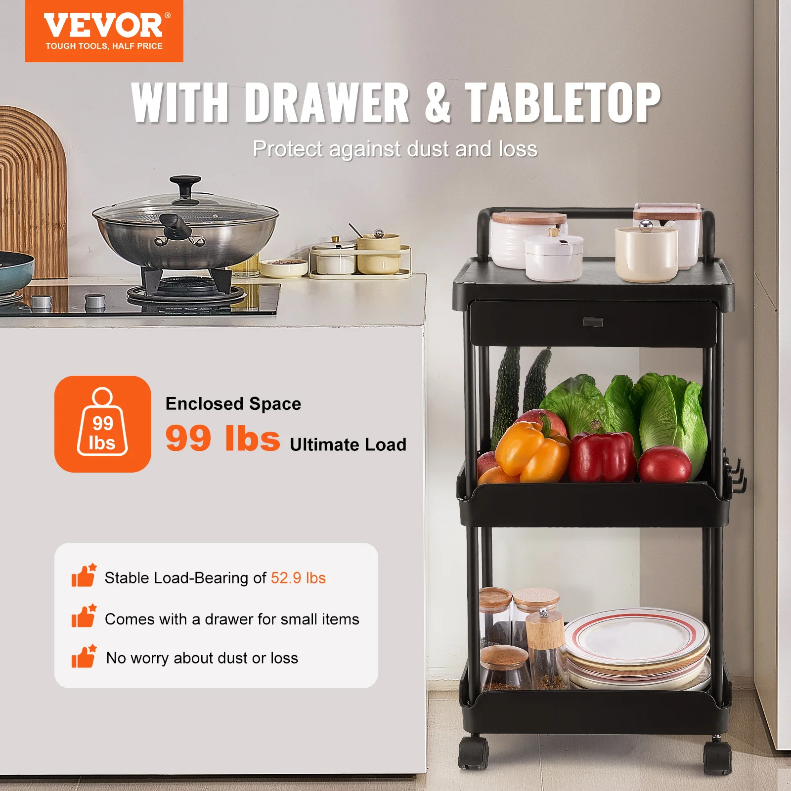 VEVOR 3-Tier Rolling Utility Cart Kitchen Storage Trolley with Drawer Handle for Office Living Room Movable Storage Organizer