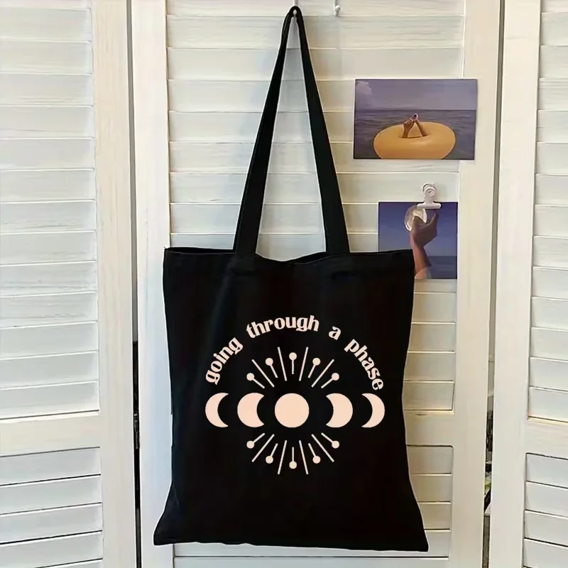Solar System Planet Print Black Canvas Tote Bag Funny Astronomy Lover Reusable Shoulder Bag Student Space Fan Daily School Gift