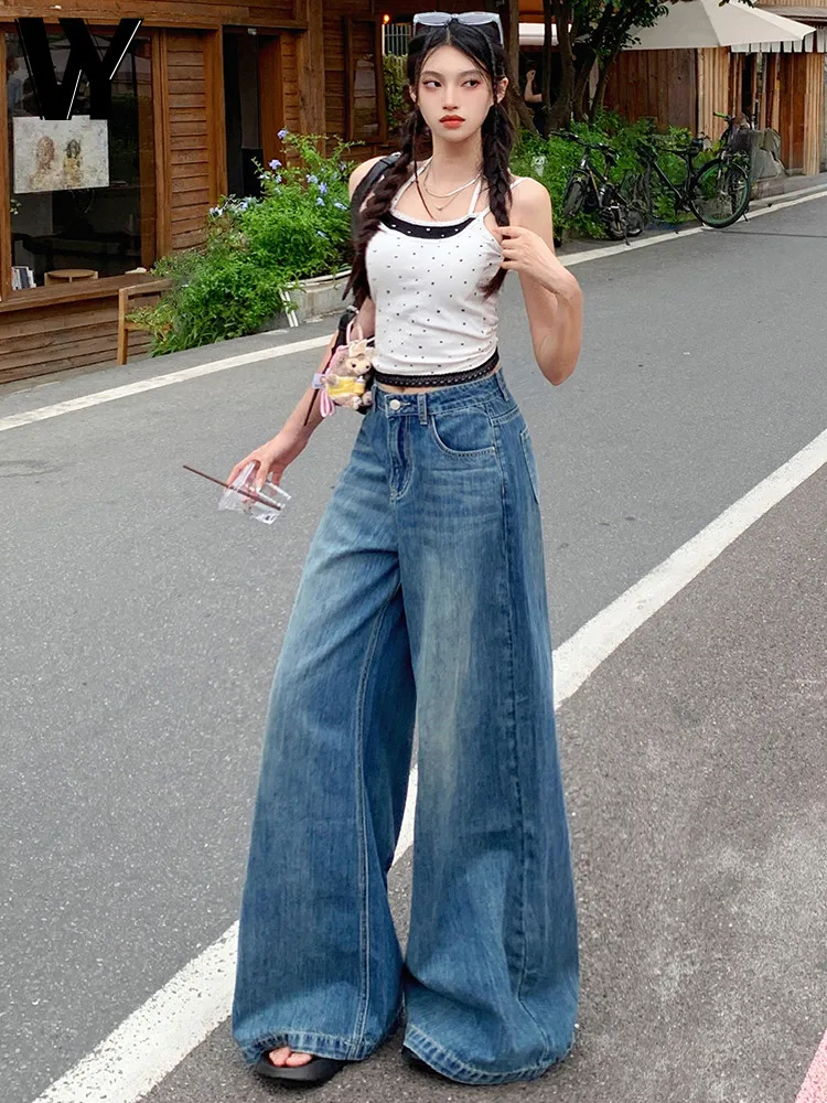 

American Retro High Waist Wide Leg Jeans Women's New 2025 Loose Fit Straight Cut Pants Slimming Effect Not Tight on Legs