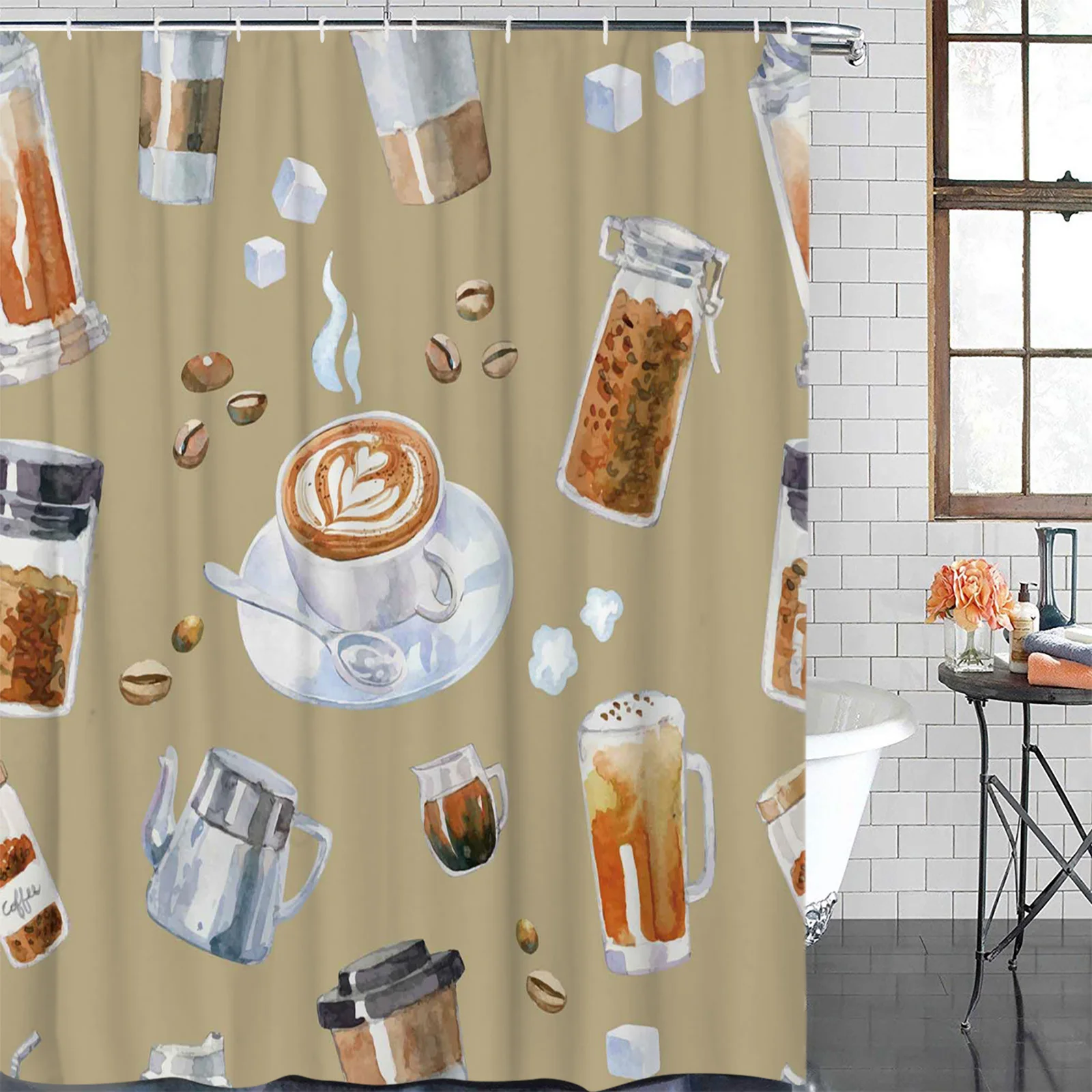 Coffee Cup Coffee Beans Waterproof Bathroom Decoration Shower Curtain With Hook Printed Bathtub Curtains Bathroom Accessories