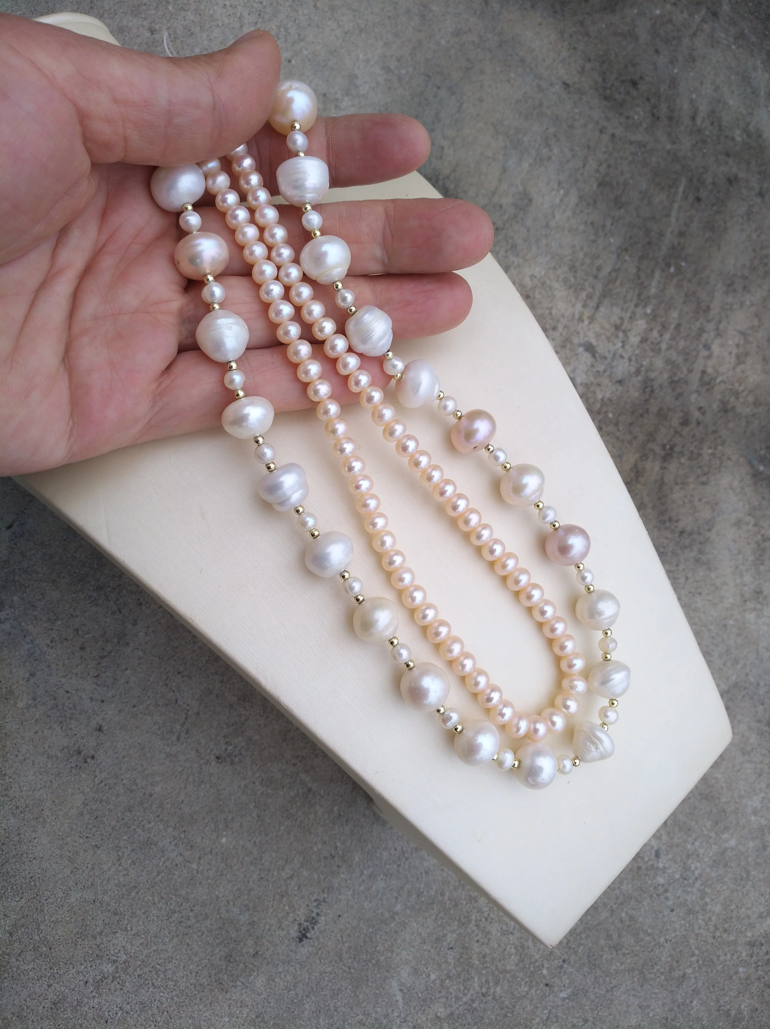 

2row AAA+Real White Light Pink Natural South Sea Pearl Necklace Hand knotted
