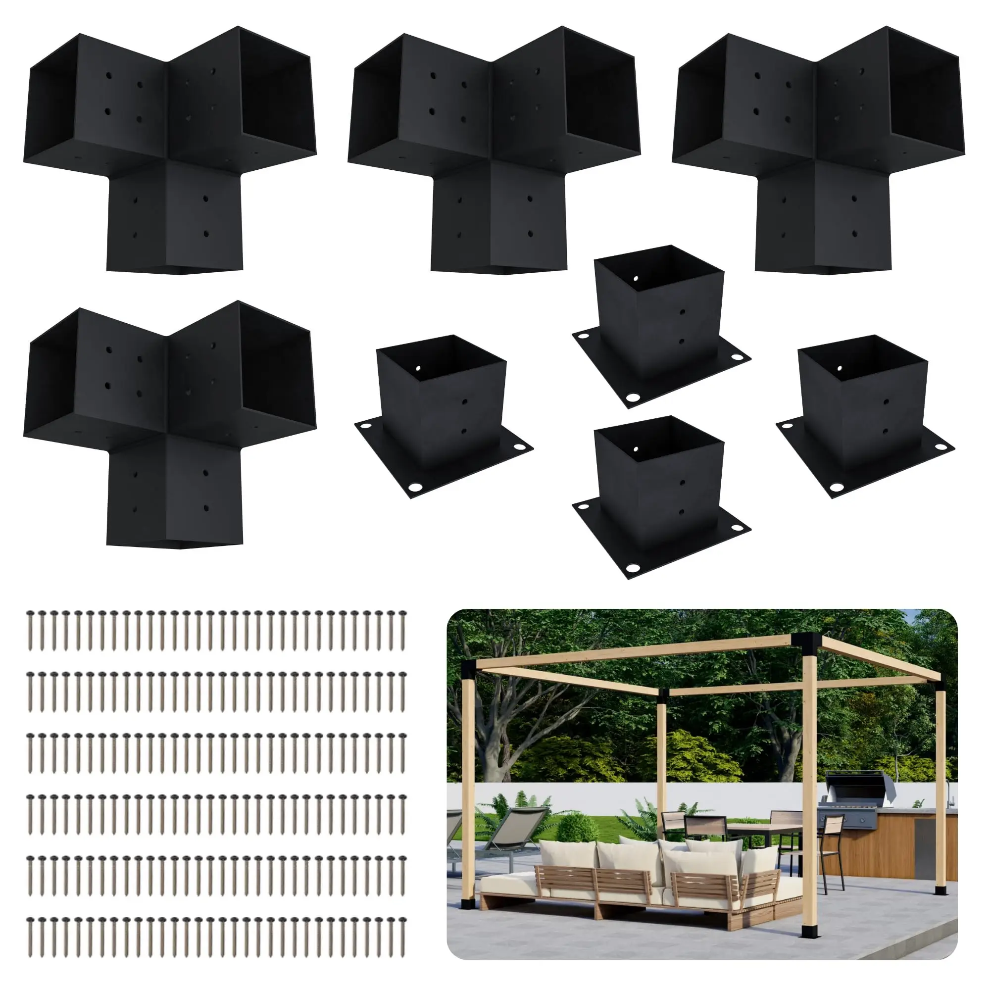 DIY Freestanding Pergola Bracket Kit – 4x4 Posts – Build Up to 12' x 12' – Steel (Hardware Only)