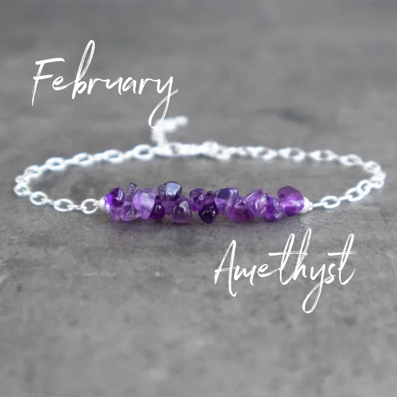 Amethyst Bracelet, Raw Amethyst Healing Stones Bracelet, February Birthstone Bracelets for Women, Purple Amethyst Gemstone