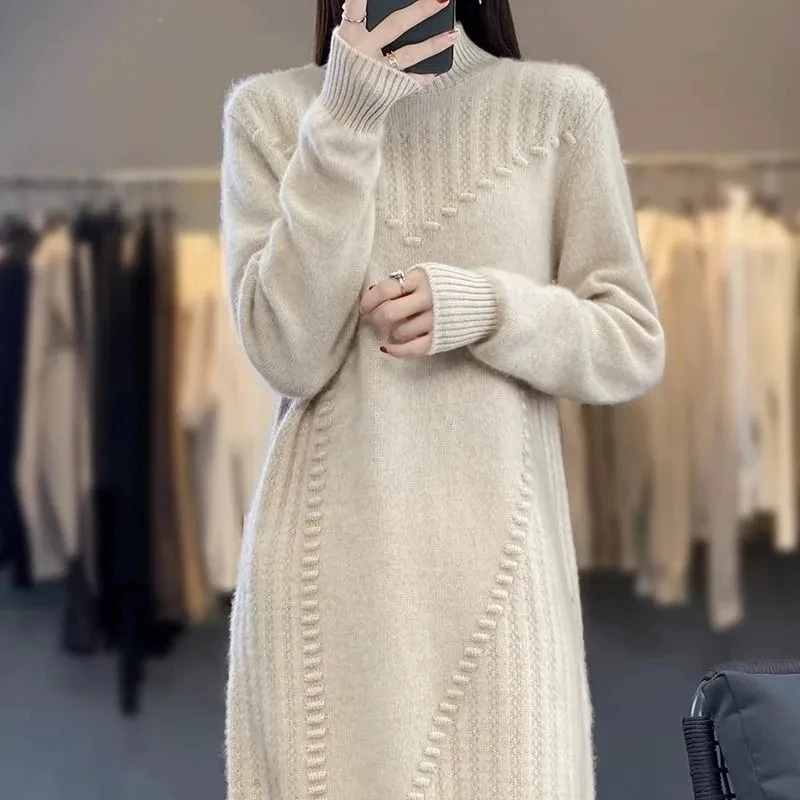 

2024 Thick Warm Wool Long Sweater Dress Women Autumn Half High-Neck Casual Cashmere Knit Dress Loose oversize Base Shirt Female