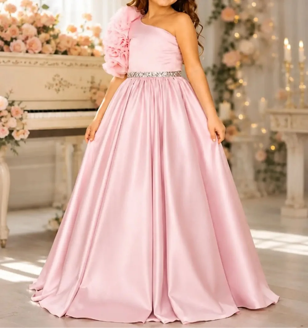 Customized Pink Flower Girl Dress A Line Floor Length One Shoulder Ruffle Sleeve Satin Rhinestone Belt Wedding Kids Party Gown