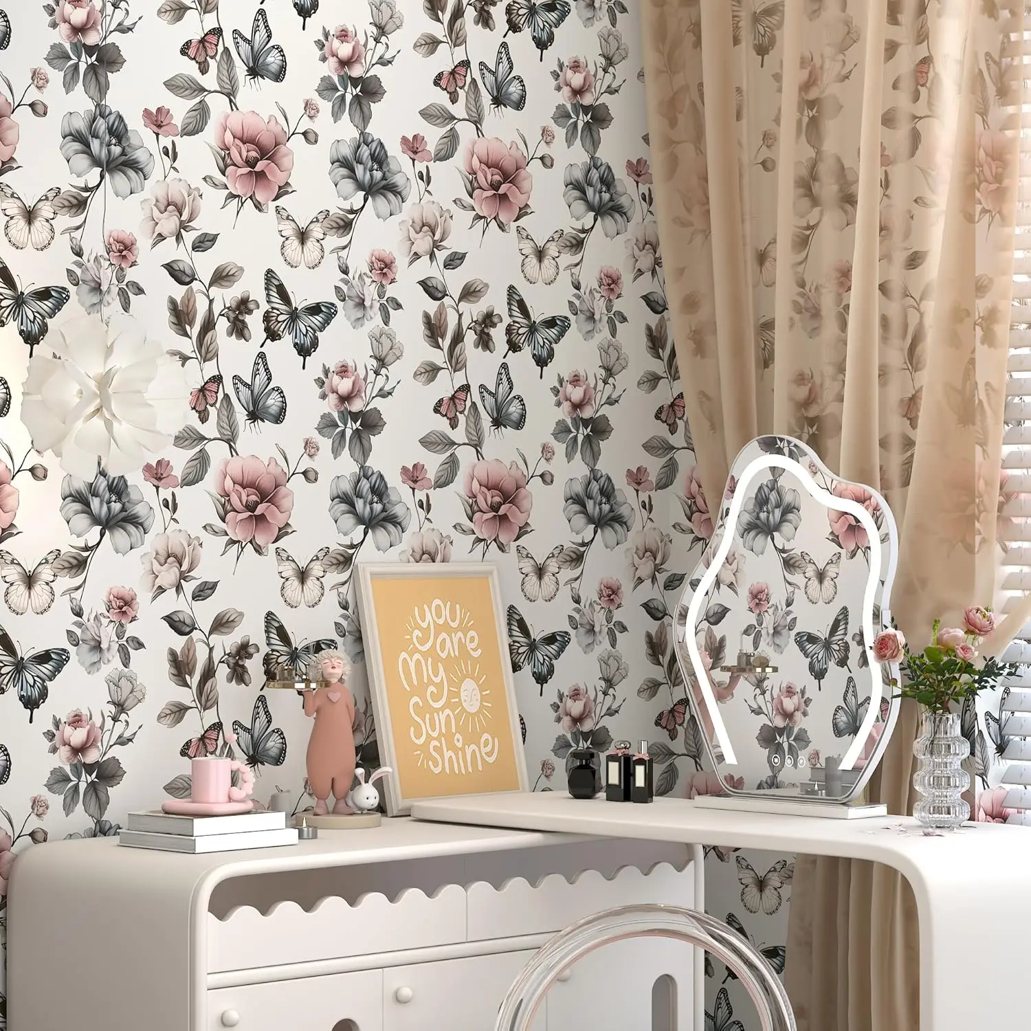 Floral Peel and Stick Wallpaper Boho Removable Contact Paper Butterfly Flower Self Adhesive Wall Paper for Cabinets Drawers