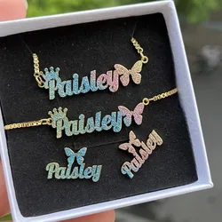 DUOYING Bling Custom Name Necklace Colorful Butterfly Earring Studs Stainless Steel Nameplate Chain Bracelet For Kids Jewelry