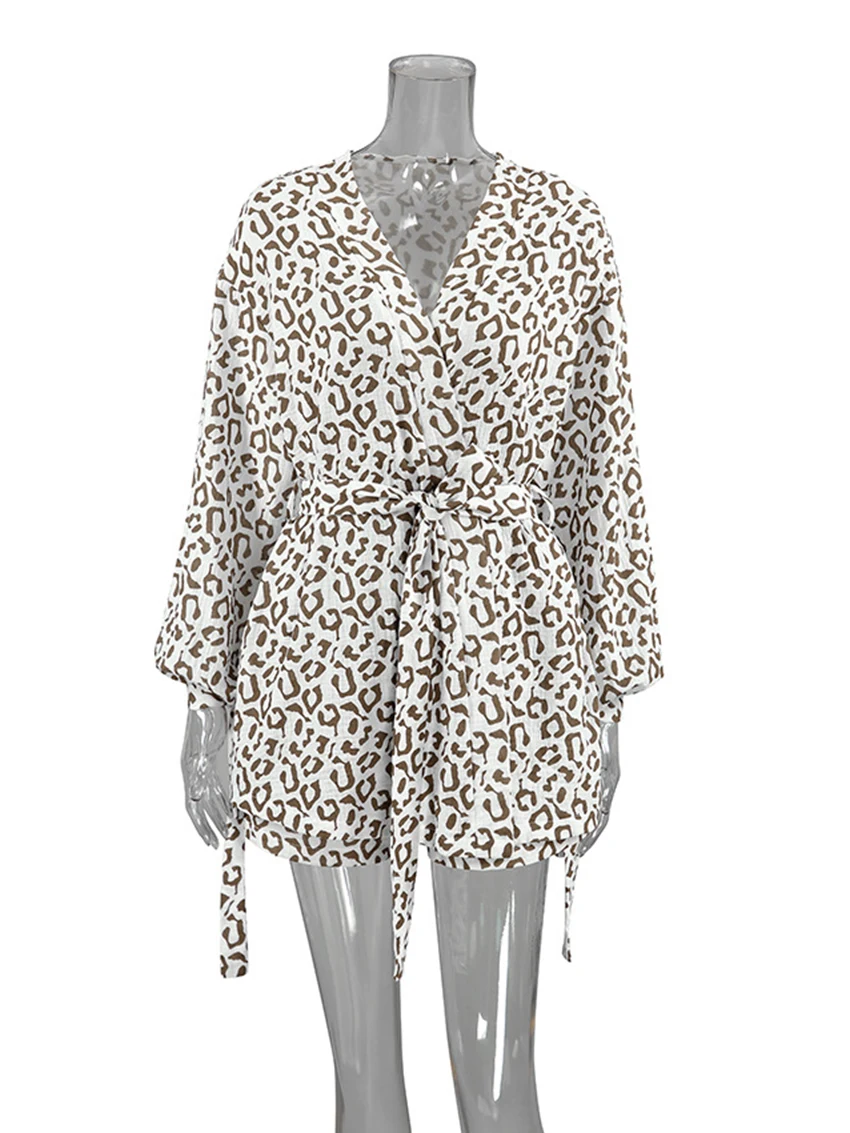 Marthaqiqi Leopard Print Women Nightwear Suit V-Neck Robe Long Sleeve Pajama Lace Up Nightie Shorts Causal Ladies Nightgowns Set