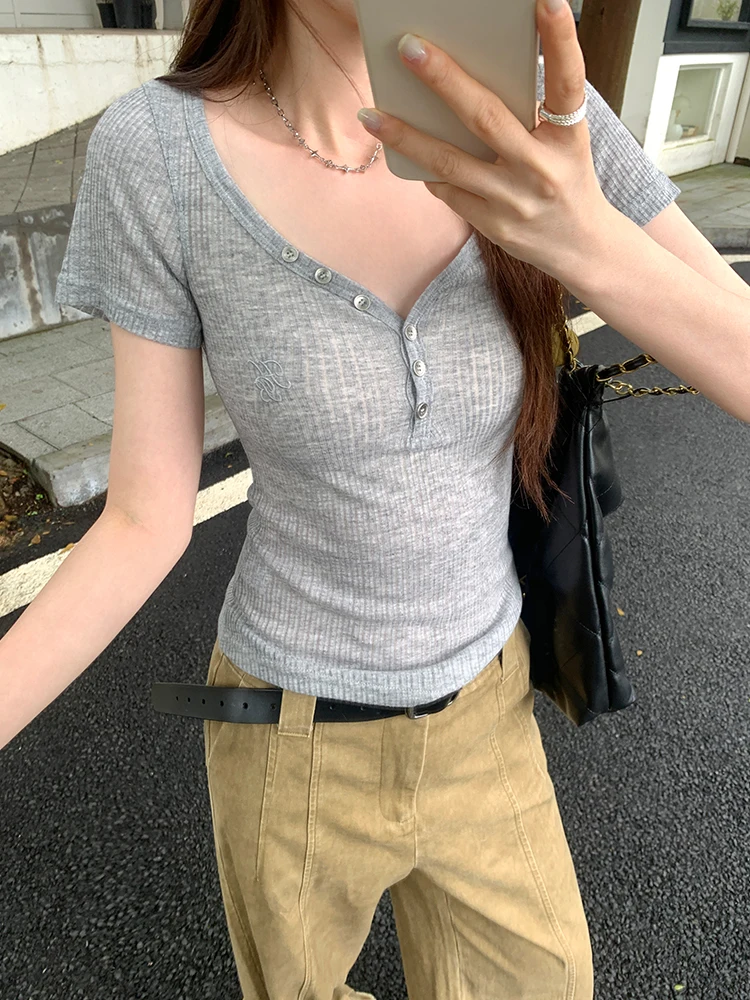Sexy American Style Short Sleeve T-Shirt Women's V-neck Embroidery Slim Fit Summer New Pure Desire Spicy Girl Shoulder Bore