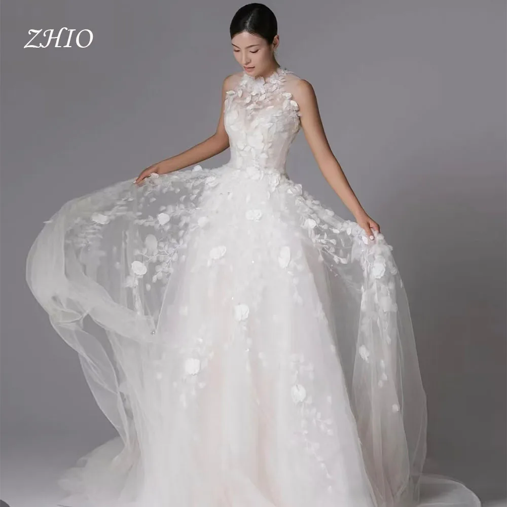 

ZHIO Exquisite Appliques Wedding Dress Halter Sleeveless White Tulle Korea Photo Shoot Bridal Reception Gown Cutsom 웨딩드레스