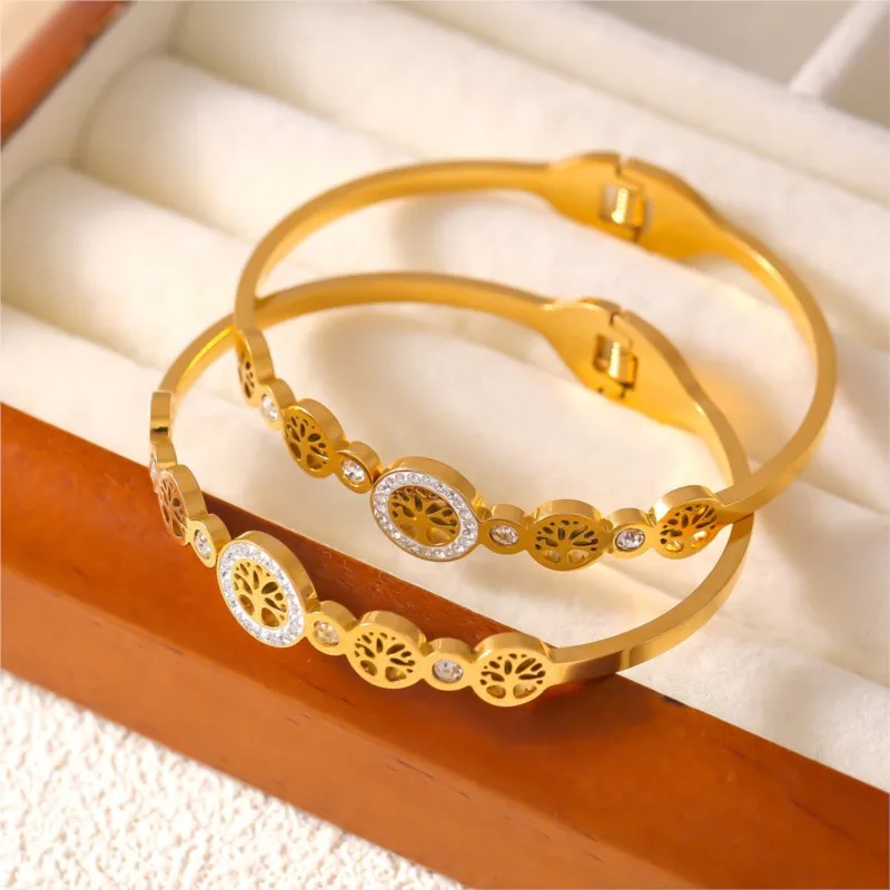 Hollow Life Tree Stainless Steel Bangle For Women Gold Plated Zircom Dubai Wedding Waterproof Women Bracelets Jewelry