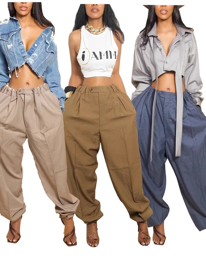 

Loosefit High Waist Nine Inch Pants Women's Trendy Cuffed Casual Trousers Loose Fit Ladies' High Waist Polyester Fiber