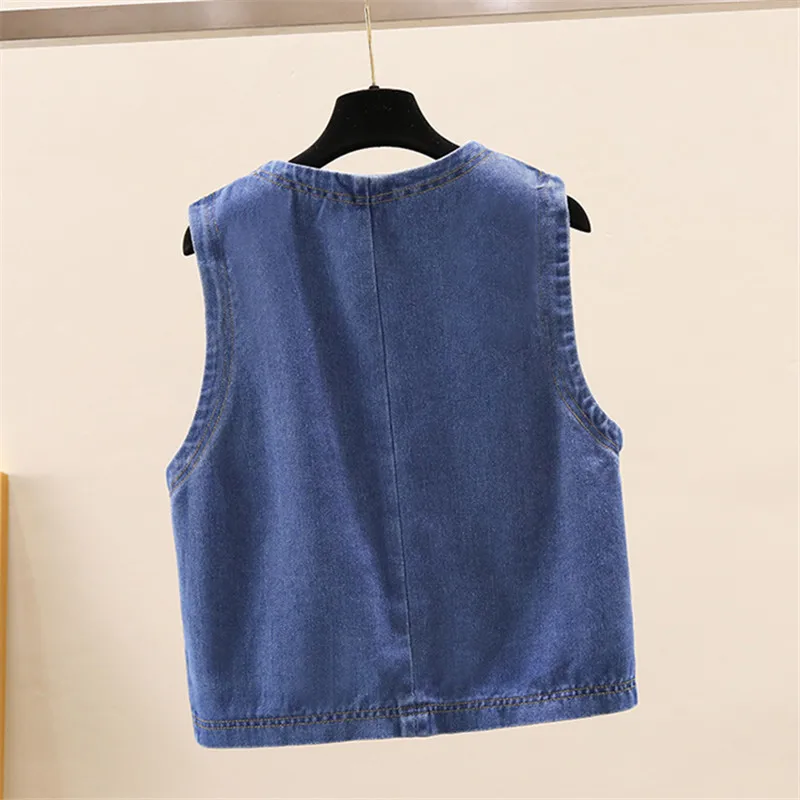 Vintage Blau V-ausschnitt Große Tasche Denim Weste Frauen Dünne Kurze Cowboy Weste Sommer Dünne Beiläufige Ärmellose Jeans Jacke Weibliche