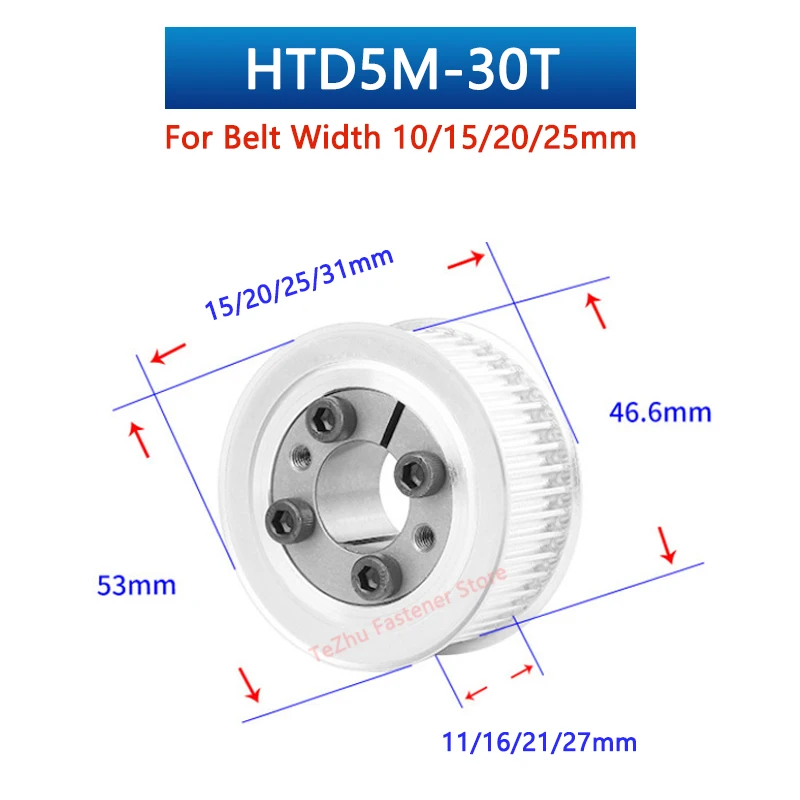 1pc 30 Teeth HTD5M Timing Pulley Keyless Bushing Bore 5 6 6.35 8 9 10-20mm 30T 5M Synchronous Wheel For Belt Width 10/15/20/25mm