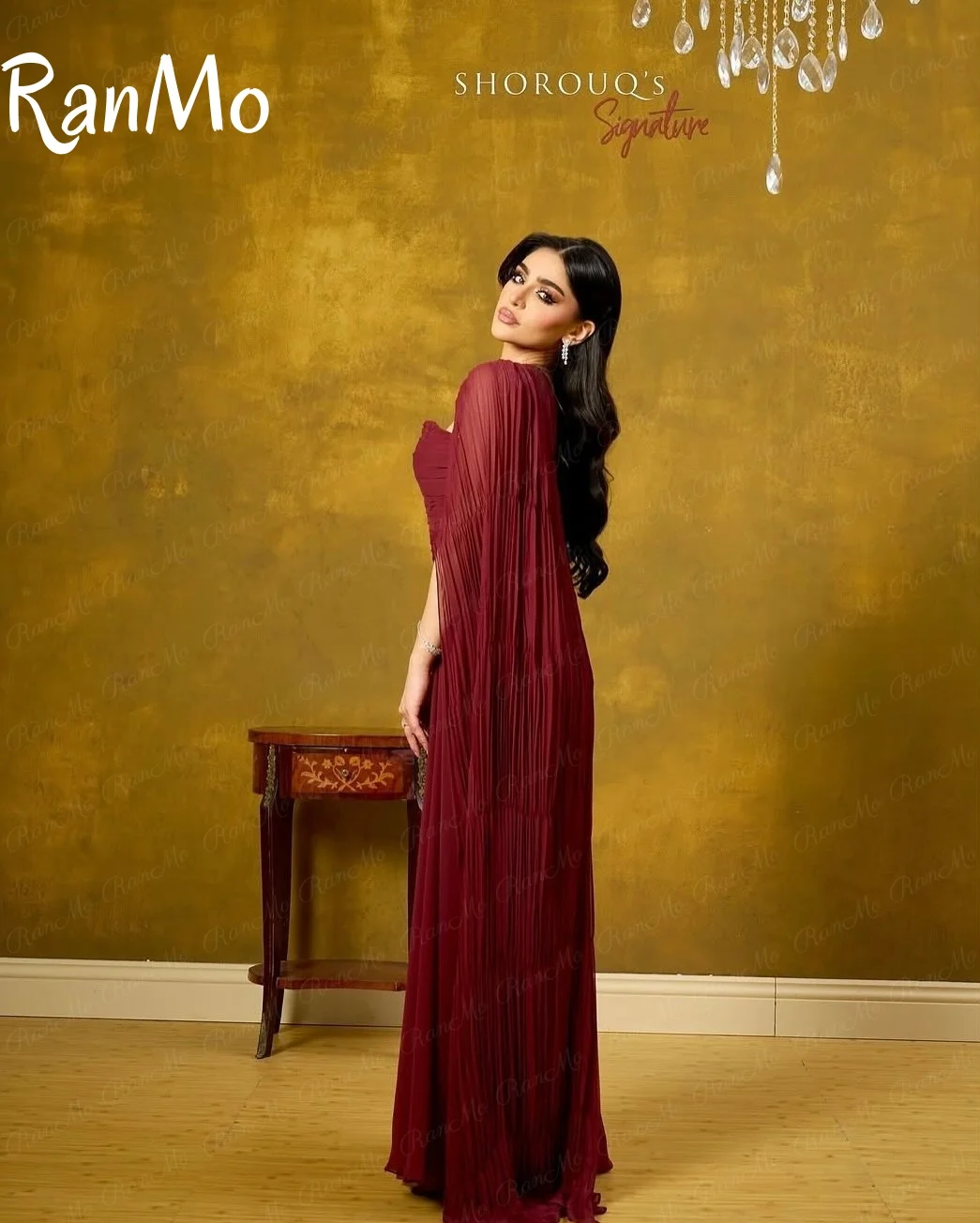 Ranmo 2025 Elegant Elegant Burgundy Chiffon Evening Party Dresses Long Cape Sleeves Sweetheart Saudi Arabia Prom Gown Customized
