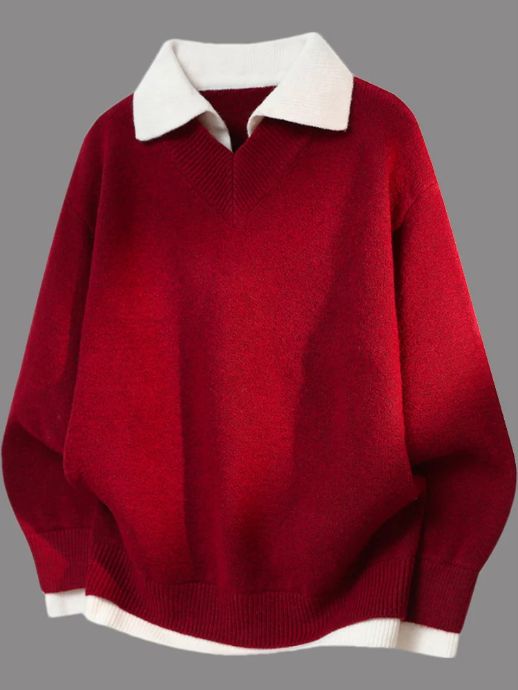 

High-End Men's Red Knitted Sweater Thi Warm Overhead Winter Faion Casual Sle Fake Two-Piece Knitwear Comfortable Fit