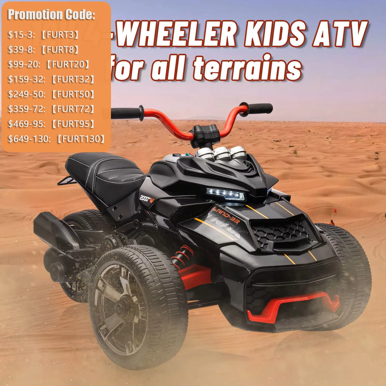 12V Kids Ride-On ATV 3-Wheel Electric Motorcycle for Boys & Girls 3-8 - Dual 55W Motors - 2 Speeds Up to 7 MPH - LED Lights - Music, Horn & USB