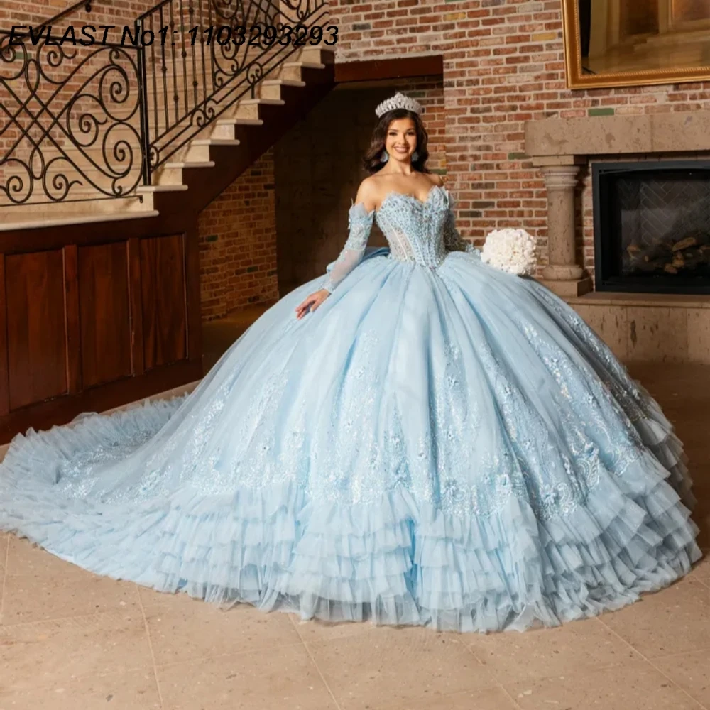 EVLAST 맞춤형 글리터 핑크 퀸세아네라 드레스 볼 가운 플로럴 아플리케 비딩 러플스 스위트 16 베스티도스 데 15 아뇨스 E1QN759