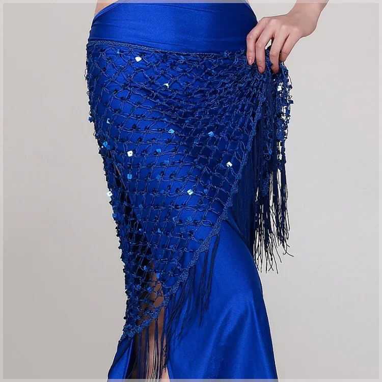 12 colors belly dance accessories long tassel belt elastic triangle of hand crochet belly dancing hip scarf sequins girls belt