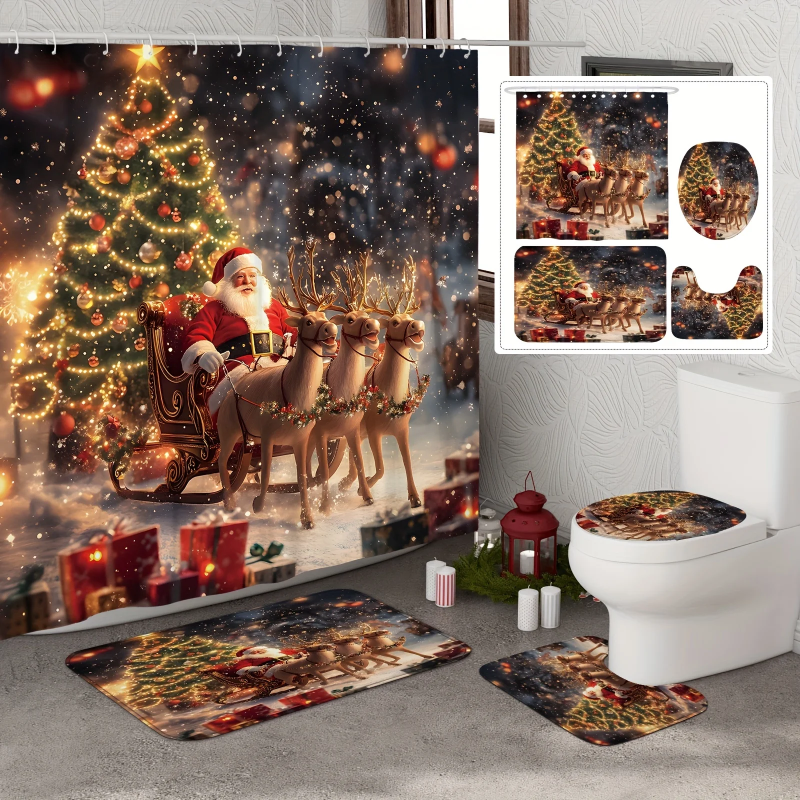 

Рождественский комплект занавесок для душа с изображением Санта-Клауса и нескользящим ковриком и крышкой для унитаза, милый рождественский декор из красного золота, можно стирать в машине