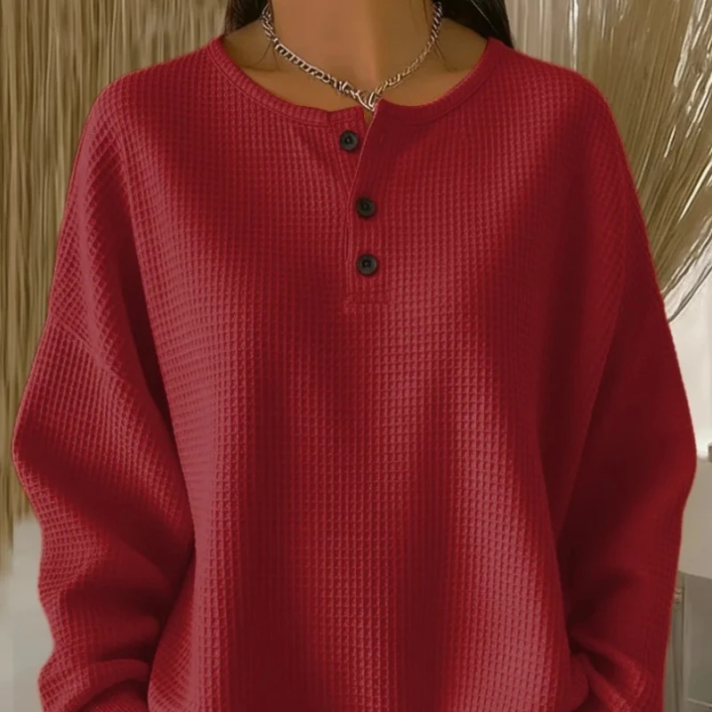 Spring Autumn Round Neck Button Splice Long Sleeve Women's New Waffle T-shirt Elegant Solid Color Casual Loose Pullover Tops