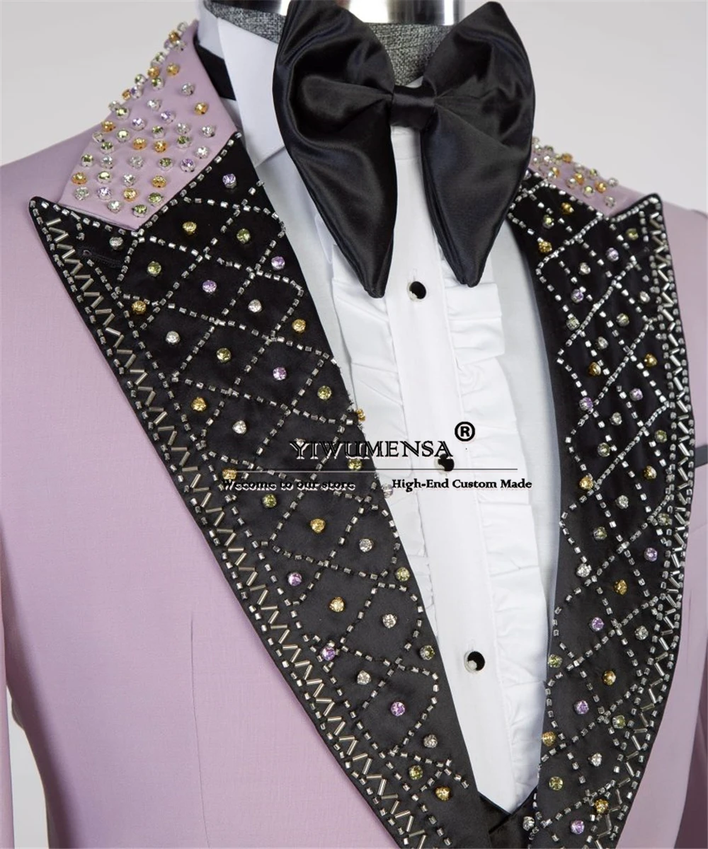 Luxury Jewelry Beading Bridegroom Tuxedo Tailored Made Black Lapel Mens Suits  Formal Party Prom Blazer Traje De Hombre Elegante