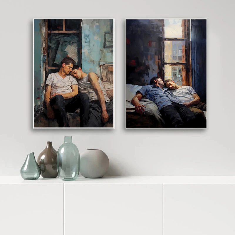classic Gay Muscular Man Couple Autumn Lovers kiss Vintage Poster Canvas Printing Wall Art Pictures for Living Room Home Decor