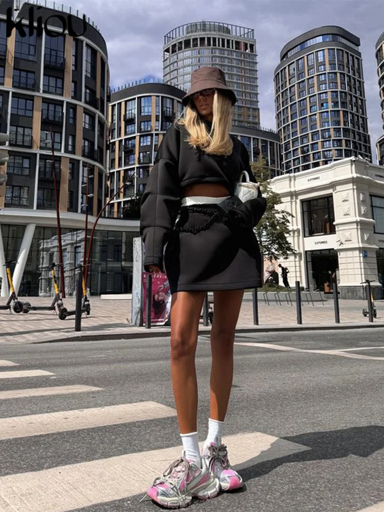 kliou Solid Tracksuits Women Daliy New Casual Round Neck Crop Tops+Elastic Waist A-line Skirts Mujer Matching Sporty 2 Piece Set