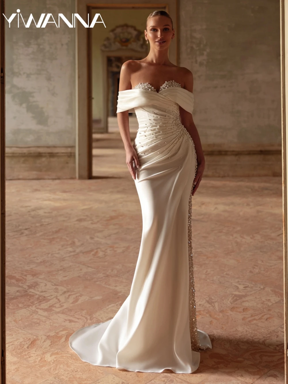 

Detachable Train Exquisite Shiny Pearls Satin Wedding Dress Sweetheart Neck Bridal Gown Customized Graceful Dresses For Bride