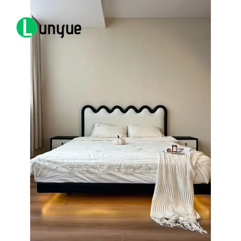 French Luxury Bed with Wavy Headboard Modern Bedroom Furniture Customizable Leather Colors Wholesale Home Decor