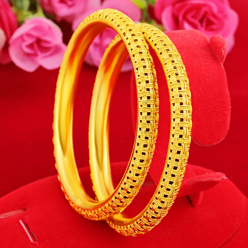 

HOYON Pure 24K Gold Coating Bracelet for women men Frosted Dubai Gold Bangles for Bridals wedding anniversary African jewelry