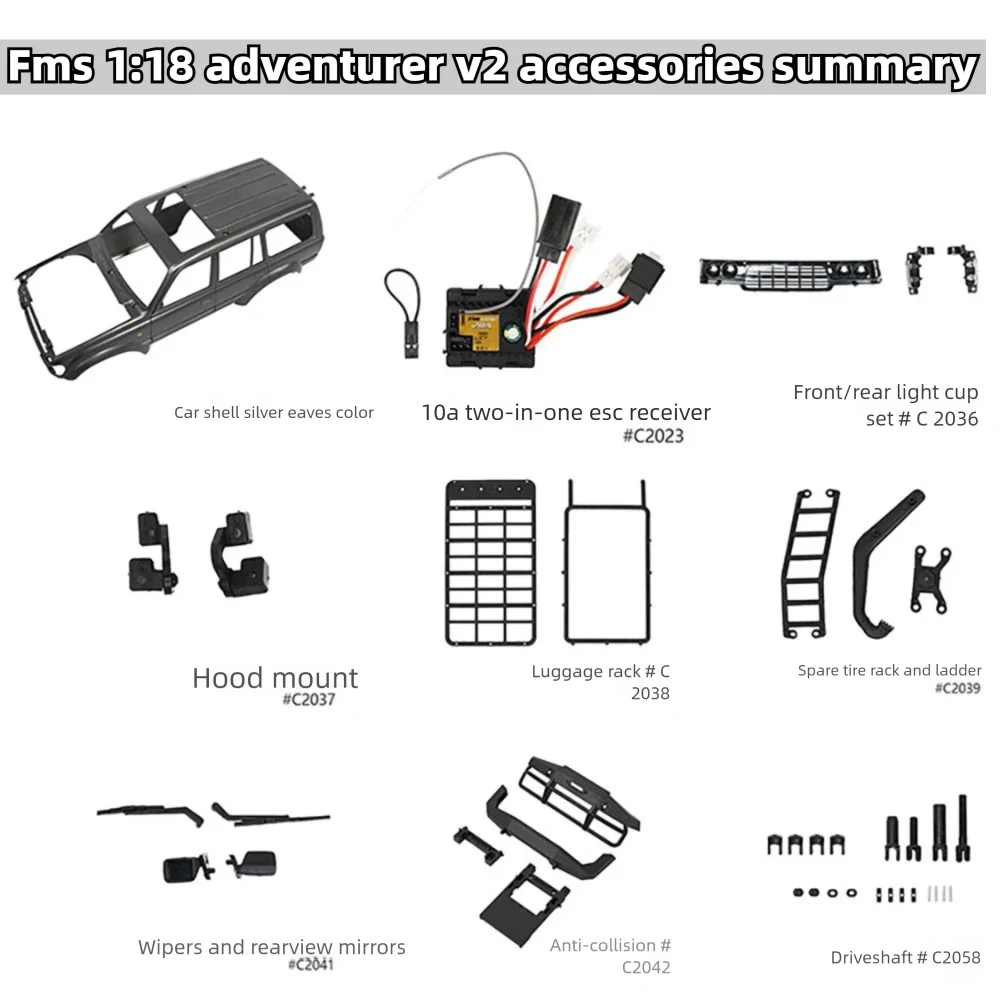 قطع غيار أصلية لسيارة التحكم عن بعد FMS 1:18 Adventurer V2 تشمل البطارية والإطار وهيكل السيارة والسيرفو