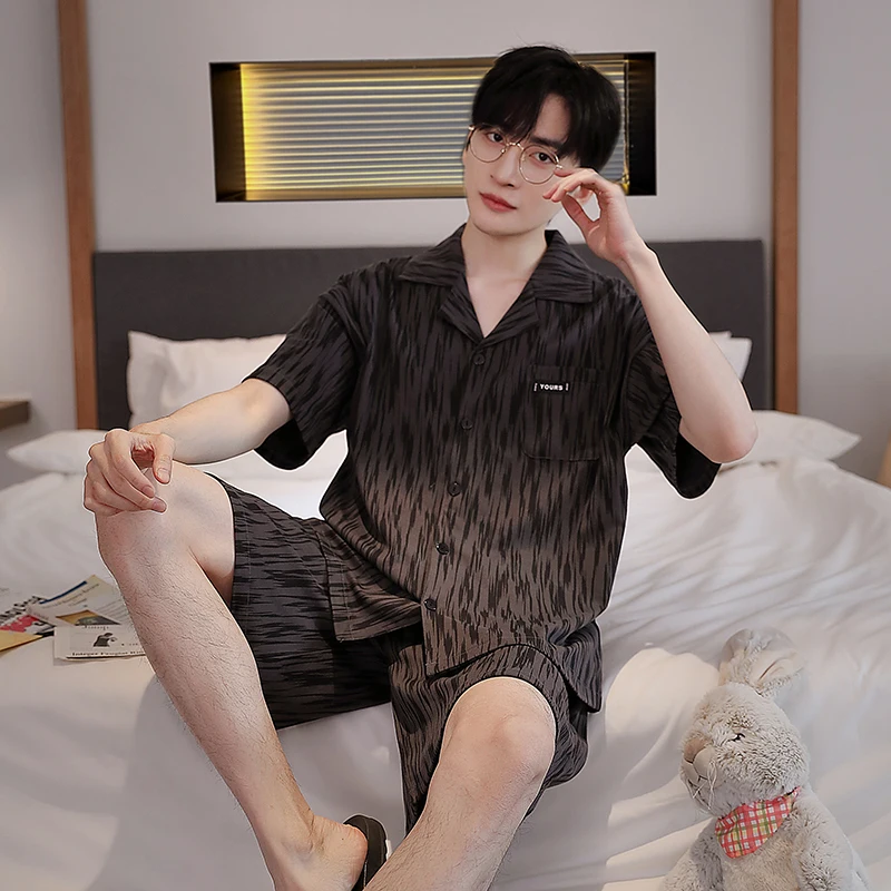 Men's Cotton Pajama Set Cardigan Short Sleeve Shorts Thin Style Suitable For Outdoor Wear Homewear Young Boy Loungewear Homme