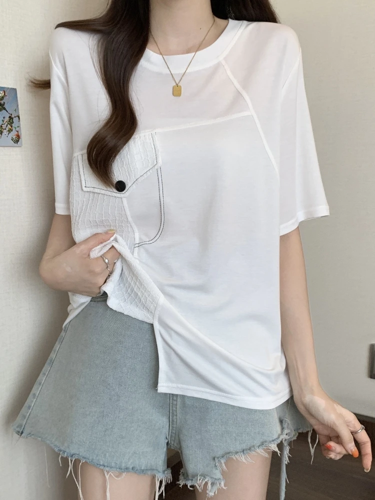 

European Style Short Sleeve T-Shirt Women Summer plus Size Asymmetrical Hem Base Shirt Slimming Flared Upper Body