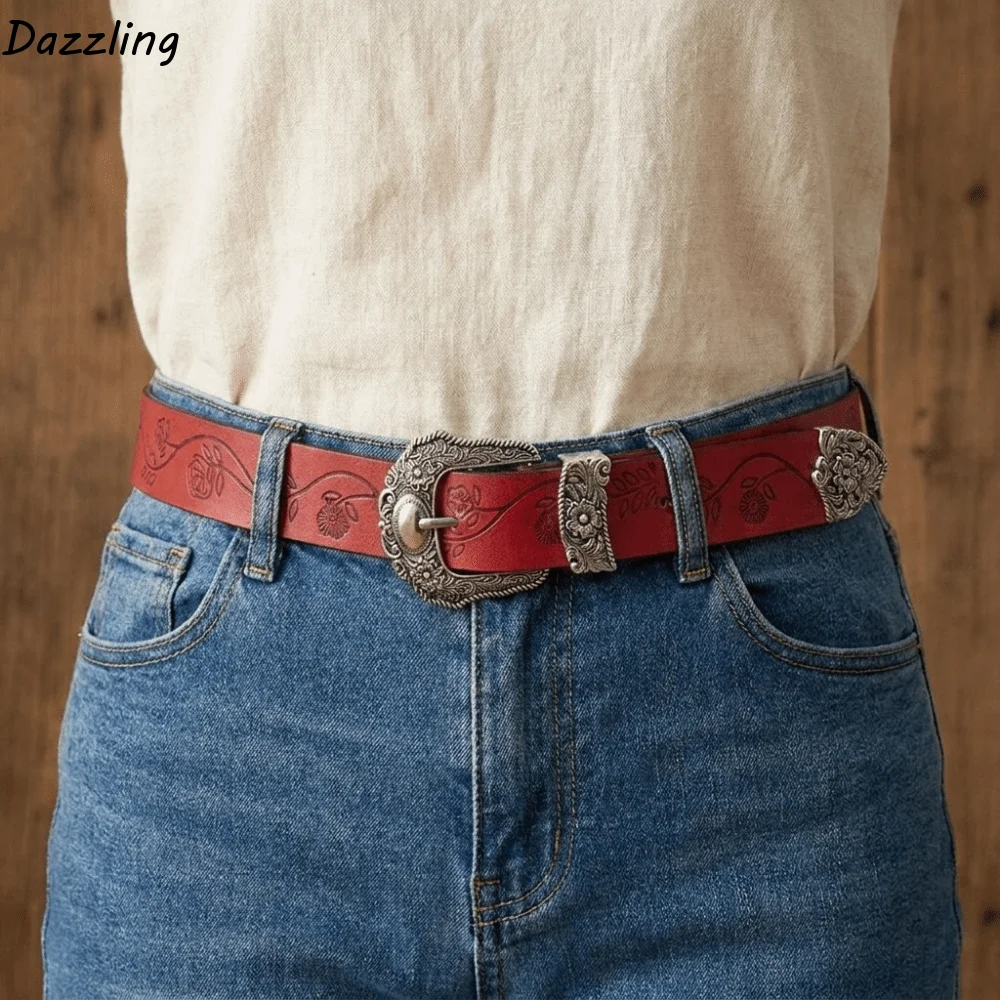 

Fashion PU Leather Printed Belts Spicy Girl Y2K Western Style Belt Pin Buckle Alloy Women Waistband Men