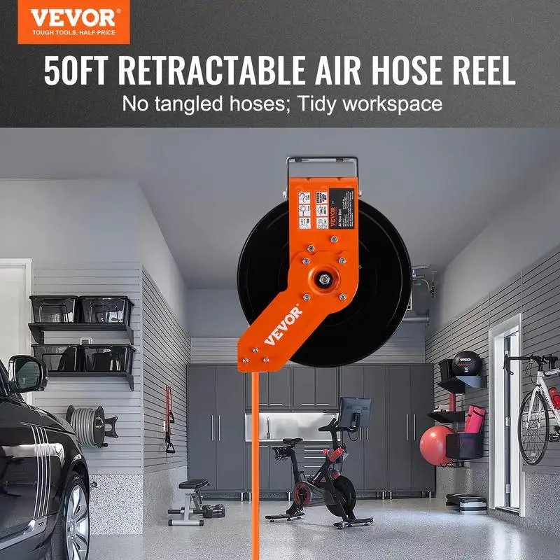 VEVOR Retractable Air Hose Reel,3/8 IN x 50 FT Hybrid Air Hose Max 300PSI,Ceiling/Wall Mount Heavy Duty Double Arm Steel Reel