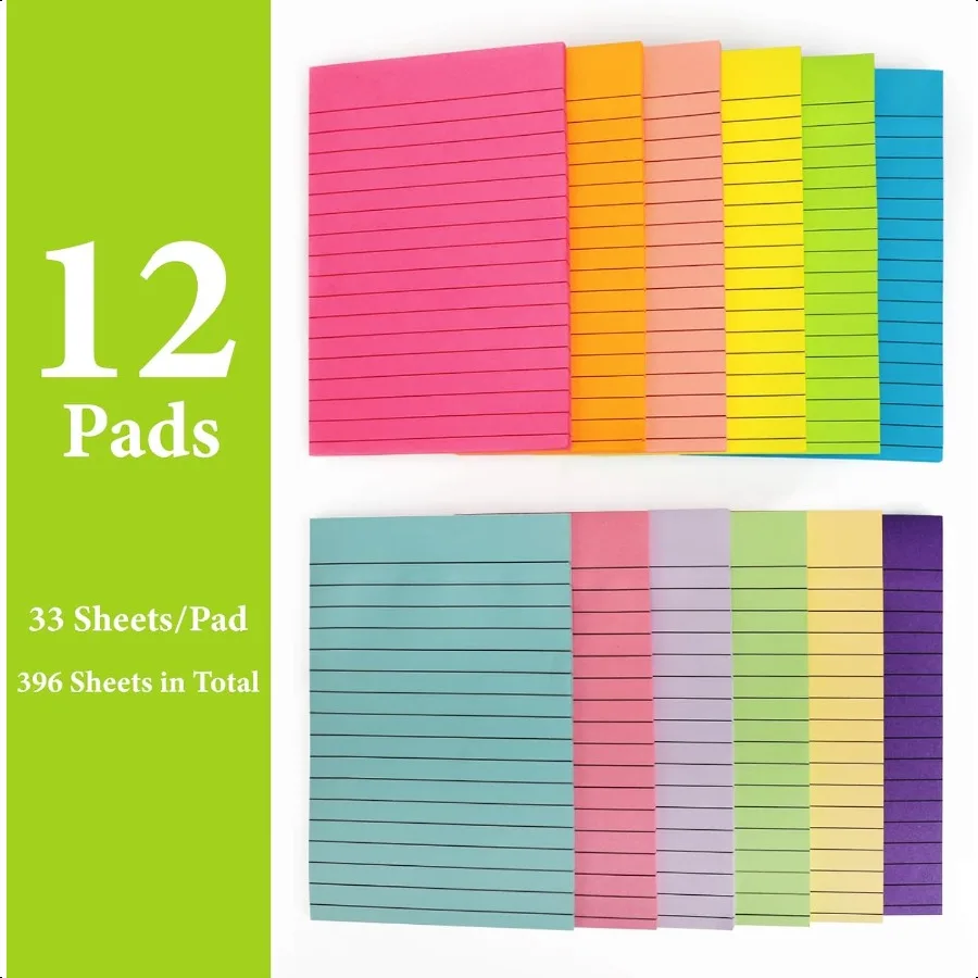 12 Pads Lined Sticky Notes 4x6 Sticky Notes with Lines SelfStick Note Pads 12 Bright Multi Colors Big Rectangular Sticky Note f