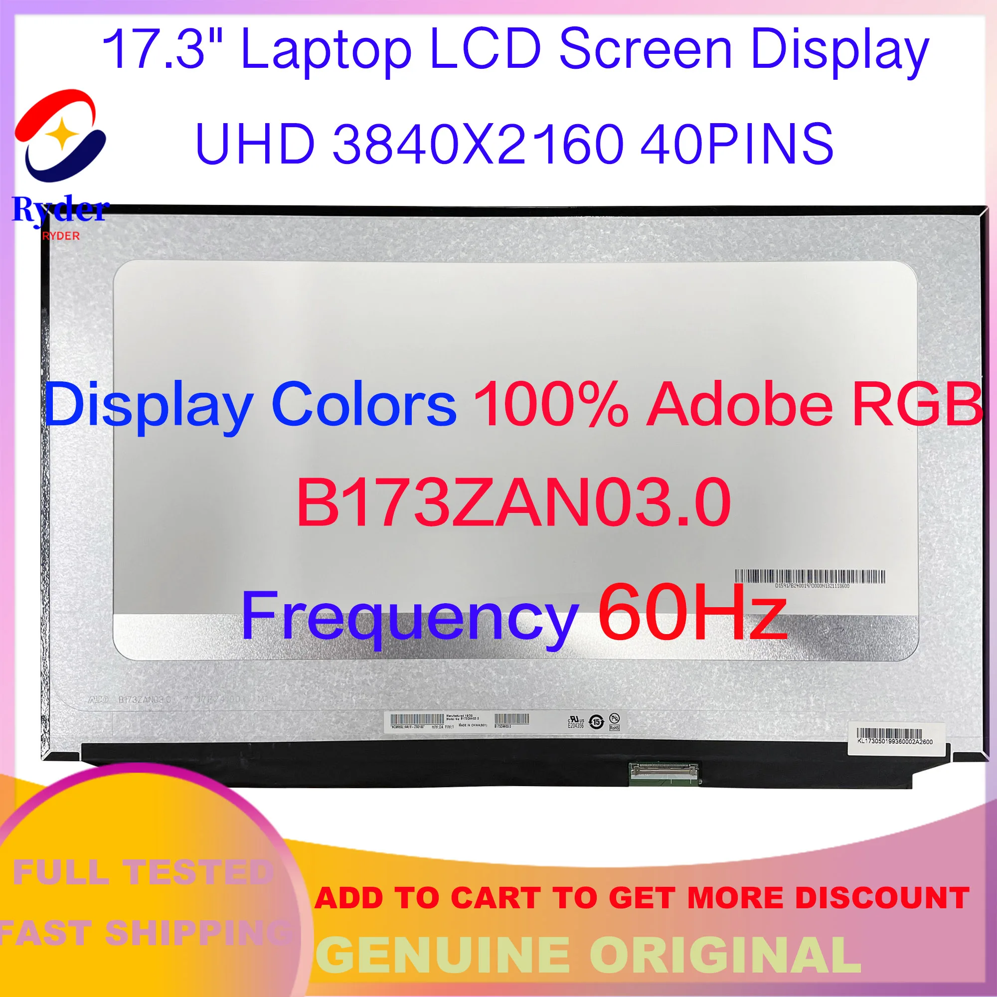 17.3 inch IPS B173ZAN03.0 B173ZAN03.1 NE173QUM-N42 Laptop LCD Screen LED Display Panel UHD 4K 3840x2160 100% Adobe RGB 40PINS