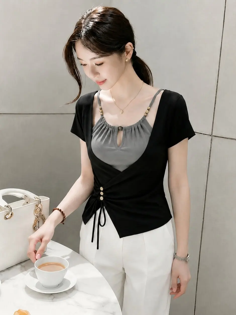 Summer New Women's Slim Fit Short Sleeve T-shirt Beaded Shoulder Strap Color Block Waist Cinching Casual Style Pure Desirable...