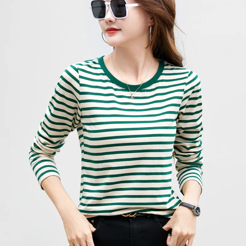 # 0351 Wiosna Jesień Koszulka w paski Kobiety Rozciągliwa bawełna O-neck Slim Koreański styl Koszulka z długim rękawem Kobiece podstawowe topy S-4XL