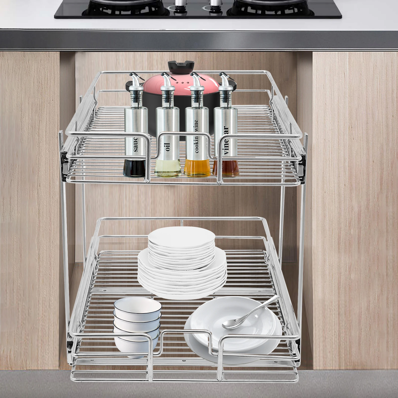 2-Tier Adjustable Height Kitchen Shelves Organizer Pull Out Cabinet Organizer Wear Resistance for Bathrooms/Kitchens/Pantries