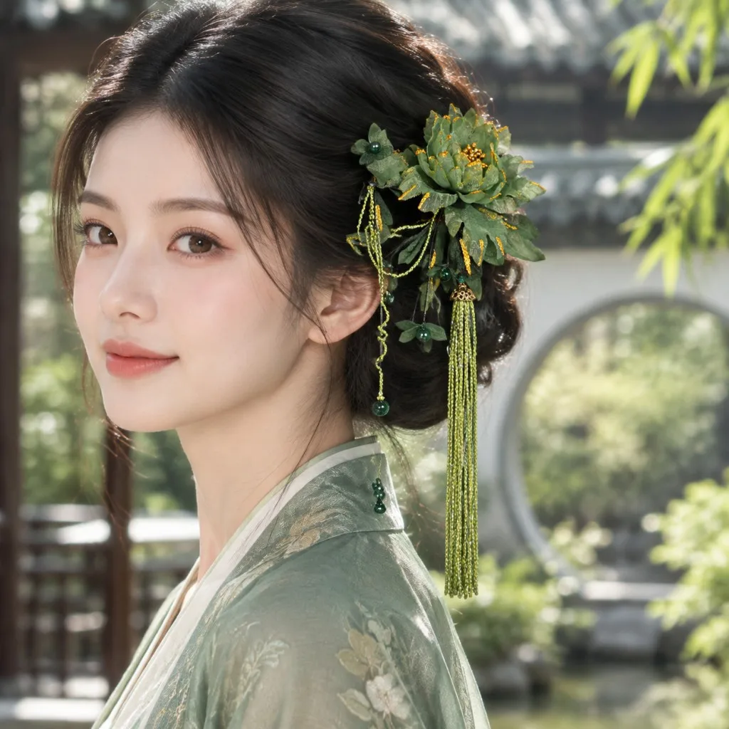 Lucky Bracelet Hand String Dark Green Flower Peony Tassel Hairpin Hanfu Antique Headdress New Chinese Cheongsam Flower Side Clip
