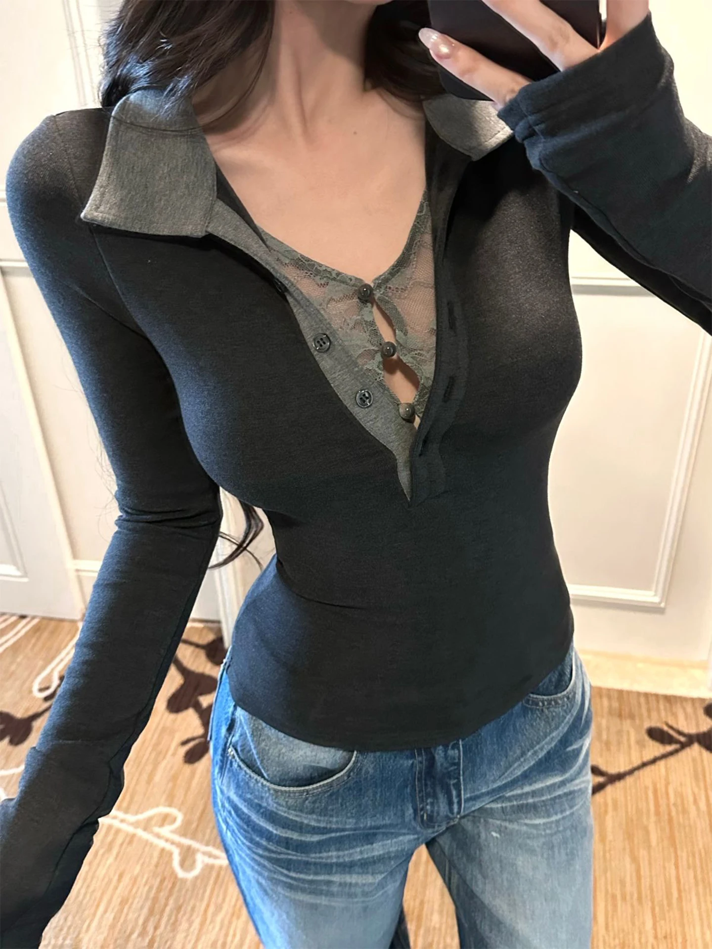 

Женская трикотажная футболка FuunJ High Score Lottie Design с кружевом, приталенным силуэтом и длинным рукавом, повседневный топ